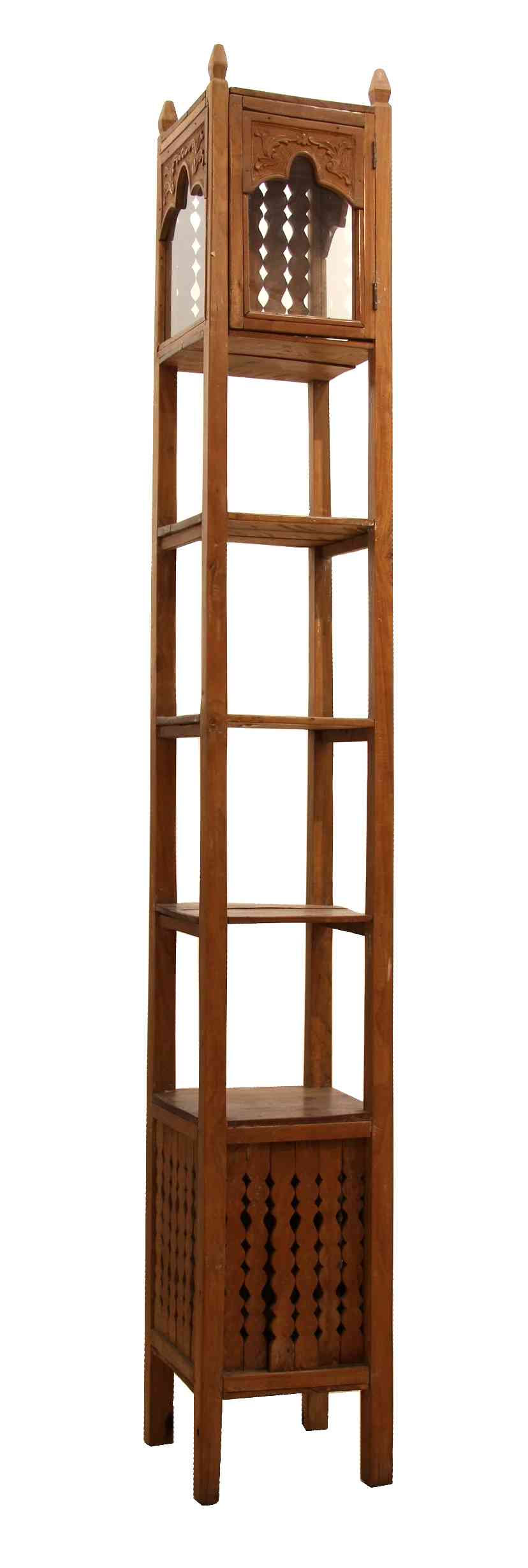 A tall wooden corner shelf